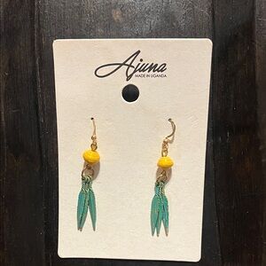 Yellow Bead & Teal Feather Drop Earrings